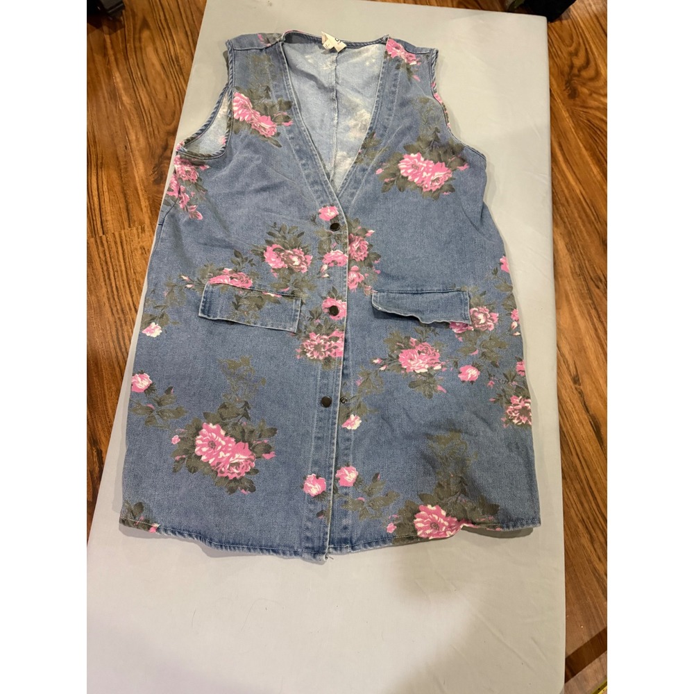 Cottagecore Womens BiBi Floral Denim Vest Dress L Blue Pink Rose Button Front